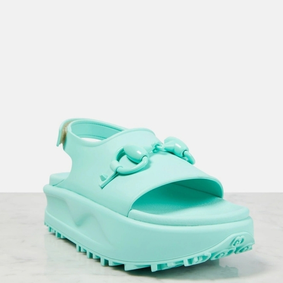 Gucci Rubber Horsebit Platform Sandals In Aqua Size 39 - Picture 3 of 7